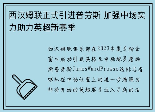 西汉姆联正式引进普劳斯 加强中场实力助力英超新赛季