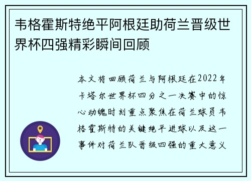 韦格霍斯特绝平阿根廷助荷兰晋级世界杯四强精彩瞬间回顾